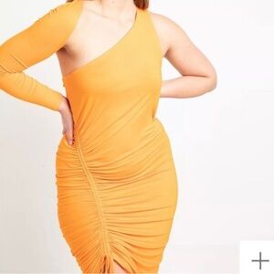 ELOQUII Ruched Dress With One Sleeve - Orange